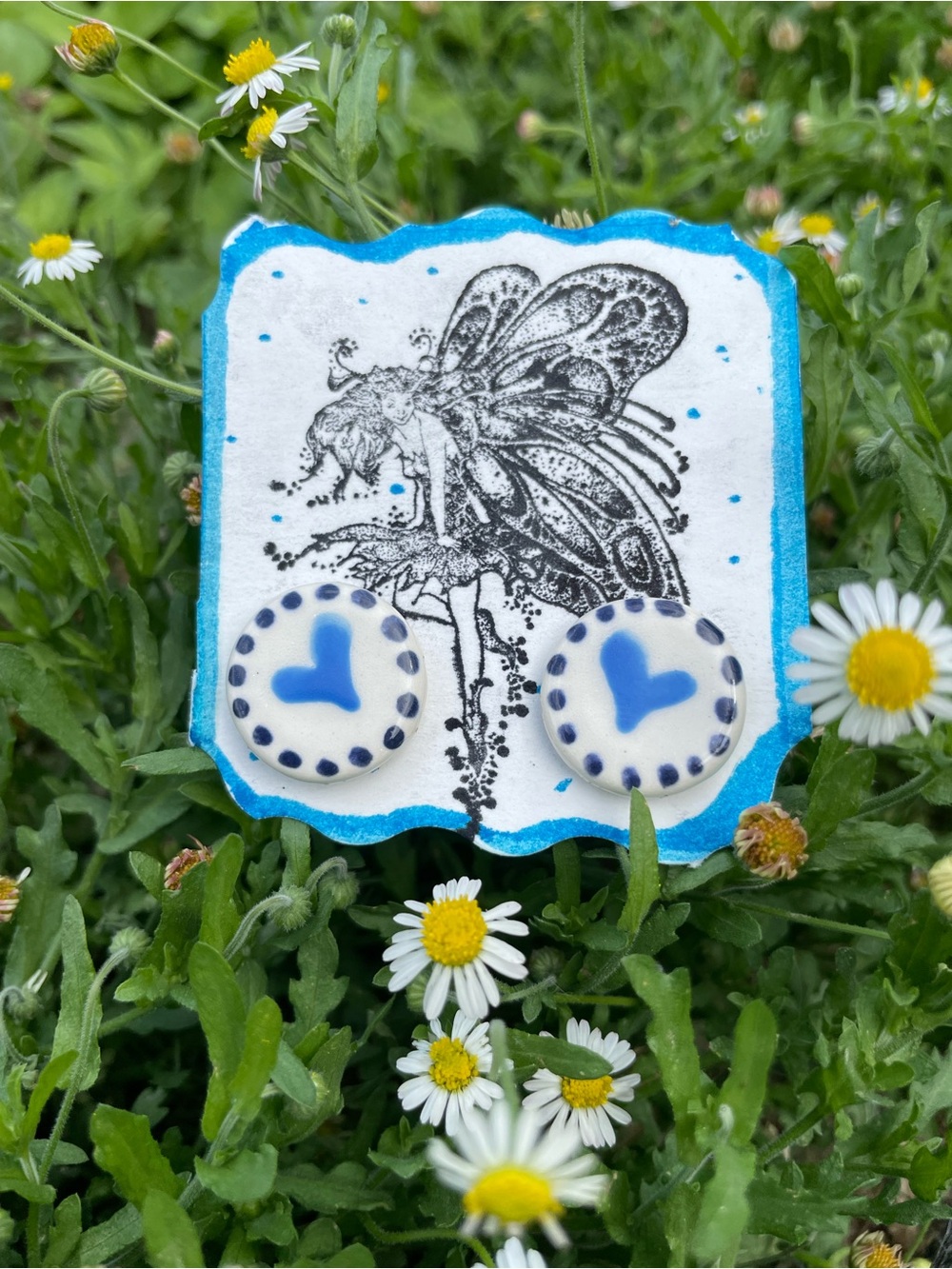 Blue Heart Stud Earrings on Decorative Fairy Card